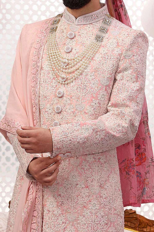 Light Pink Georgette Lucknowi Embroidered Sherwani (NMK-5544)