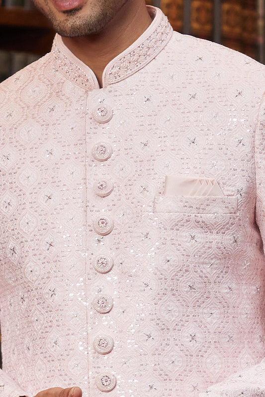 Light Pink Imported Jaquard Silk Sherwani (NMK-8283) - Nihal Fashions