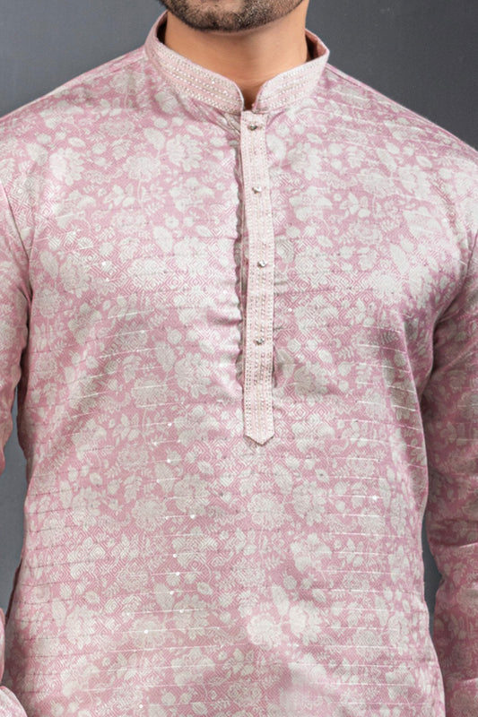 Light Pink Printed Cotton Silk Kurta Pajama (NMK-8781) - Nihal Fashions