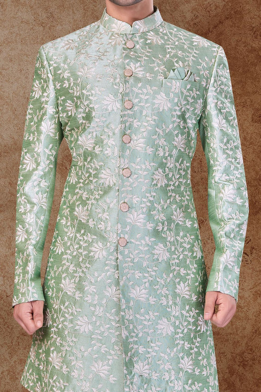 Light Pista Art Silk Mens Sherwani (NMK-6760) - Nihal Fashions
