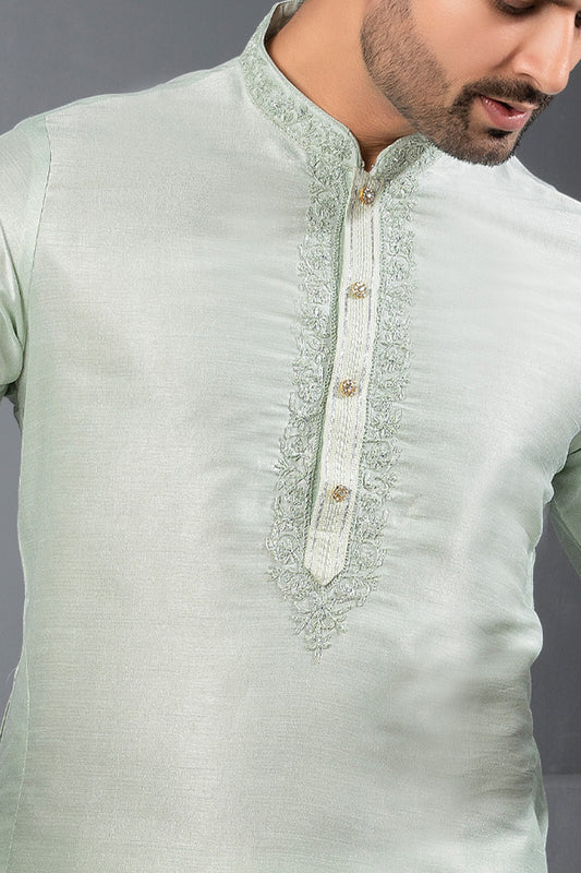 Light Pista Green Banglori Silk Kurta Pajama (NMK-8743) - Nihal Fashions