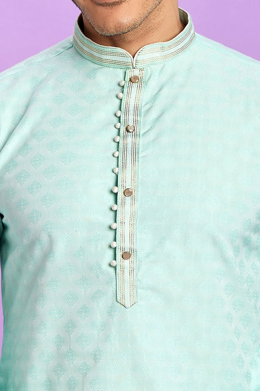 Light Teal Green Jaquard Silk Kurta Pajama (NMK-7570) - Nihal Fashions