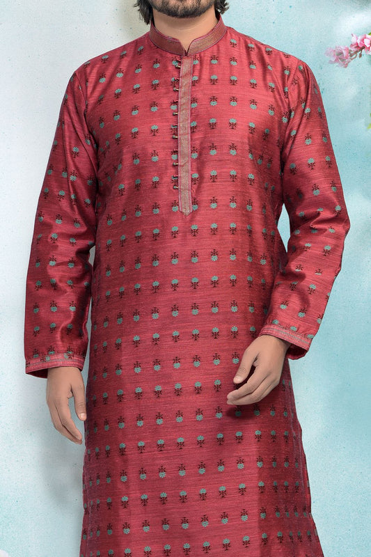 Magenta Jaquard Silk Brocade Kurta Pajama (NMK-4929) - Nihal Fashions