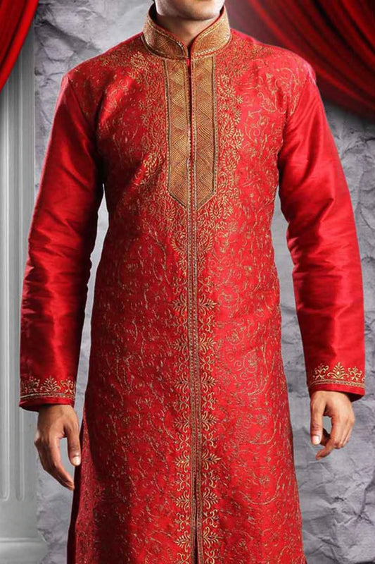 Maroon Art Dupion Mens Kurta Pajama (NMK-1336)
