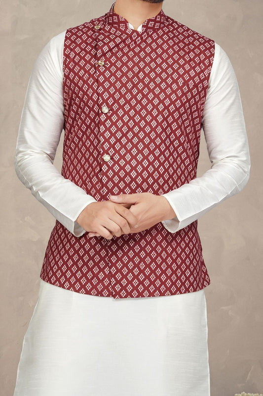 Maroon Art Silk Mens Nehru Jacket (NMK-6959) - Nihal Fashions