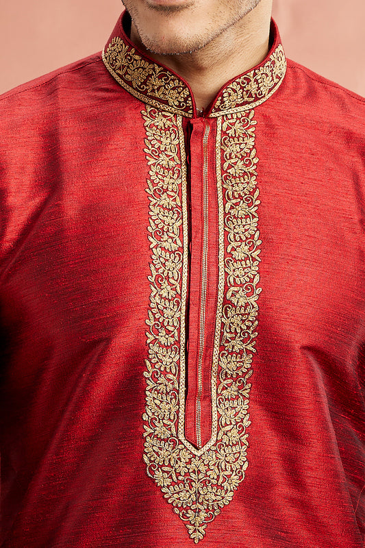 Maroon Banarasi Art Silk Kurta Pajama (NMK-7935) - Nihal Fashions