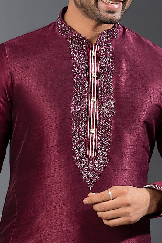 Maroon Banglori Silk Kurta Pajama (NMK-8732) - Nihal Fashions