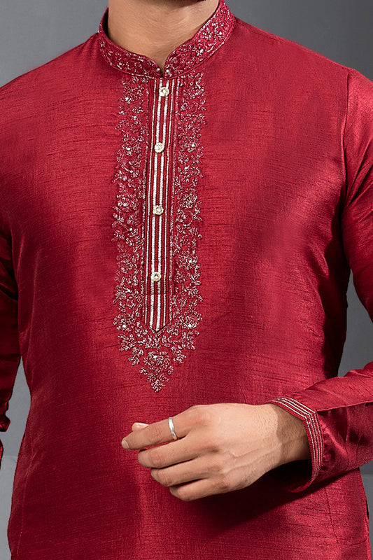 Maroon Banglori Silk Kurta Pajama (NMK-8735) - Nihal Fashions