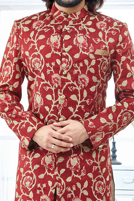 Maroon Banglori Silk Sherwani (NMK-4116)