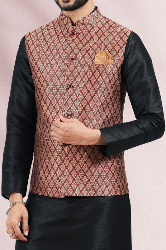 Maroon Jaquard Banarasi Silk Nehru Jacket (NMK-6690) - Nihal Fashions