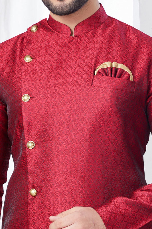 Maroon Jaquard Indo Western for Men (NMK-7842) - Nihal Fashions