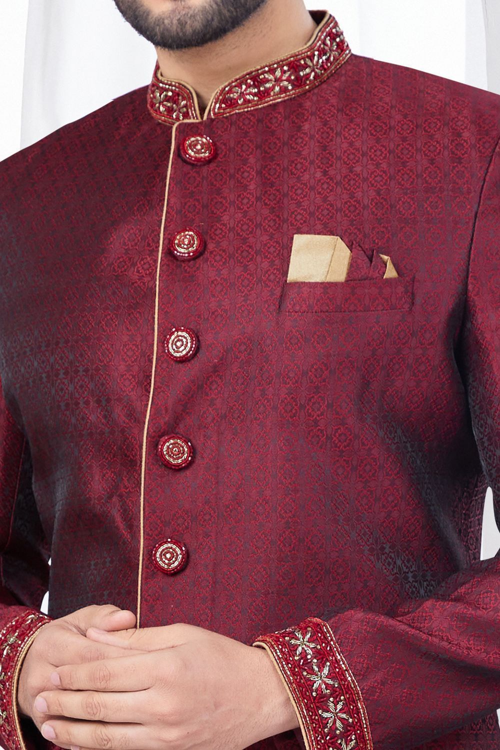 Maroon Jaquard Mens Indo Western (NMK-7785) - Nihal Fashions