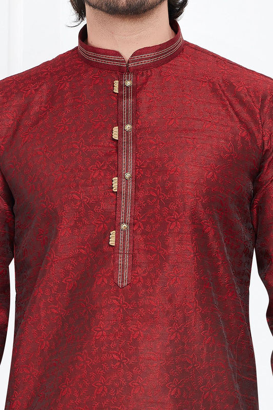Maroon Jaquard Silk Brocade Kurta for Men (NMK-7739) - Nihal Fashions