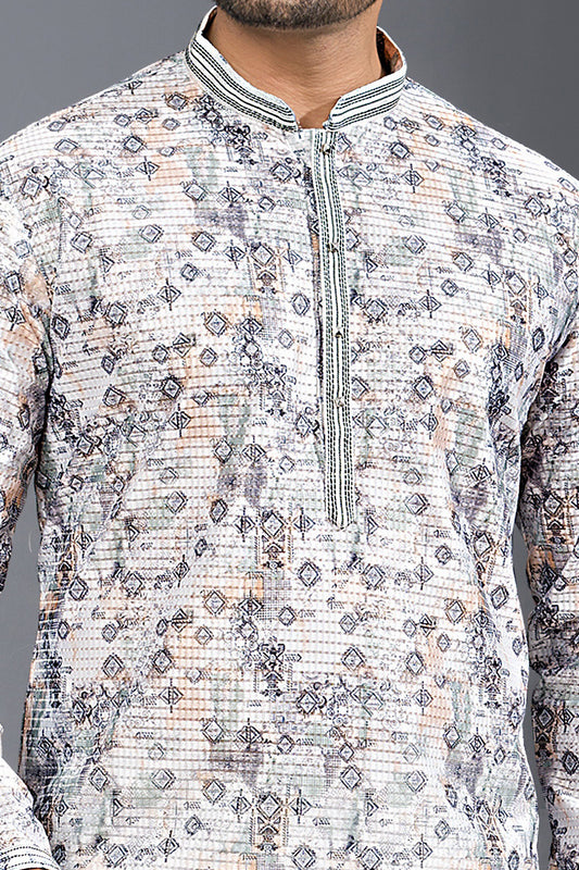 Multicoloured Printed Cotton Silk Kurta For Men (NMK-8760) - Nihal Fashions