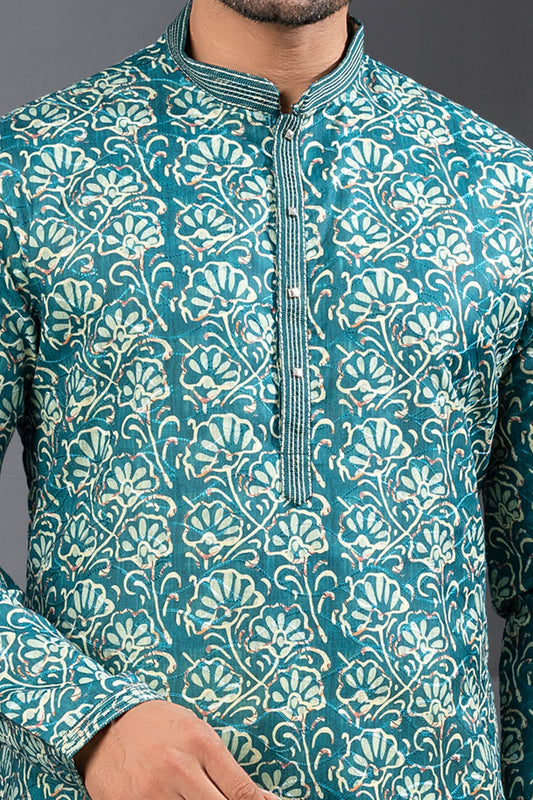 Multicoloured Printed Cotton Silk Mens Kurta Pajama (NMK-8738) - Nihal Fashions