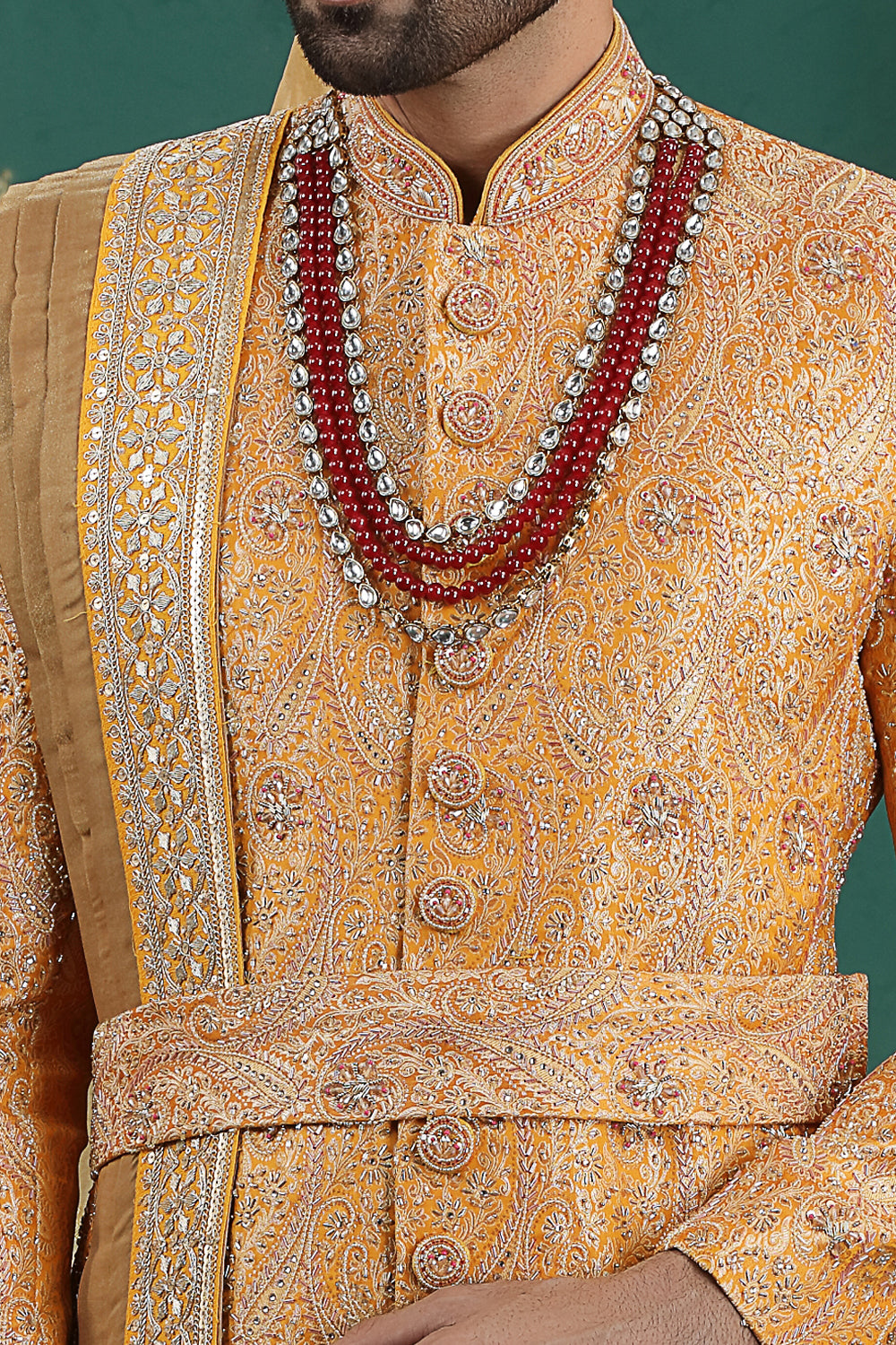 Mustard Banarasi Jaquard Sherwani (NMK-8612) - Nihal Fashions