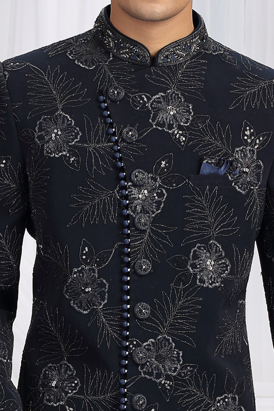 Navy Blue Art Silk Designer Sherwani (NMK-8651) - Nihal Fashions