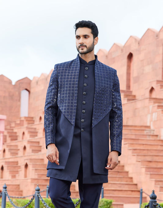 Navy Blue Art Silk Indo Western (NMK-7112) - Nihal Fashions