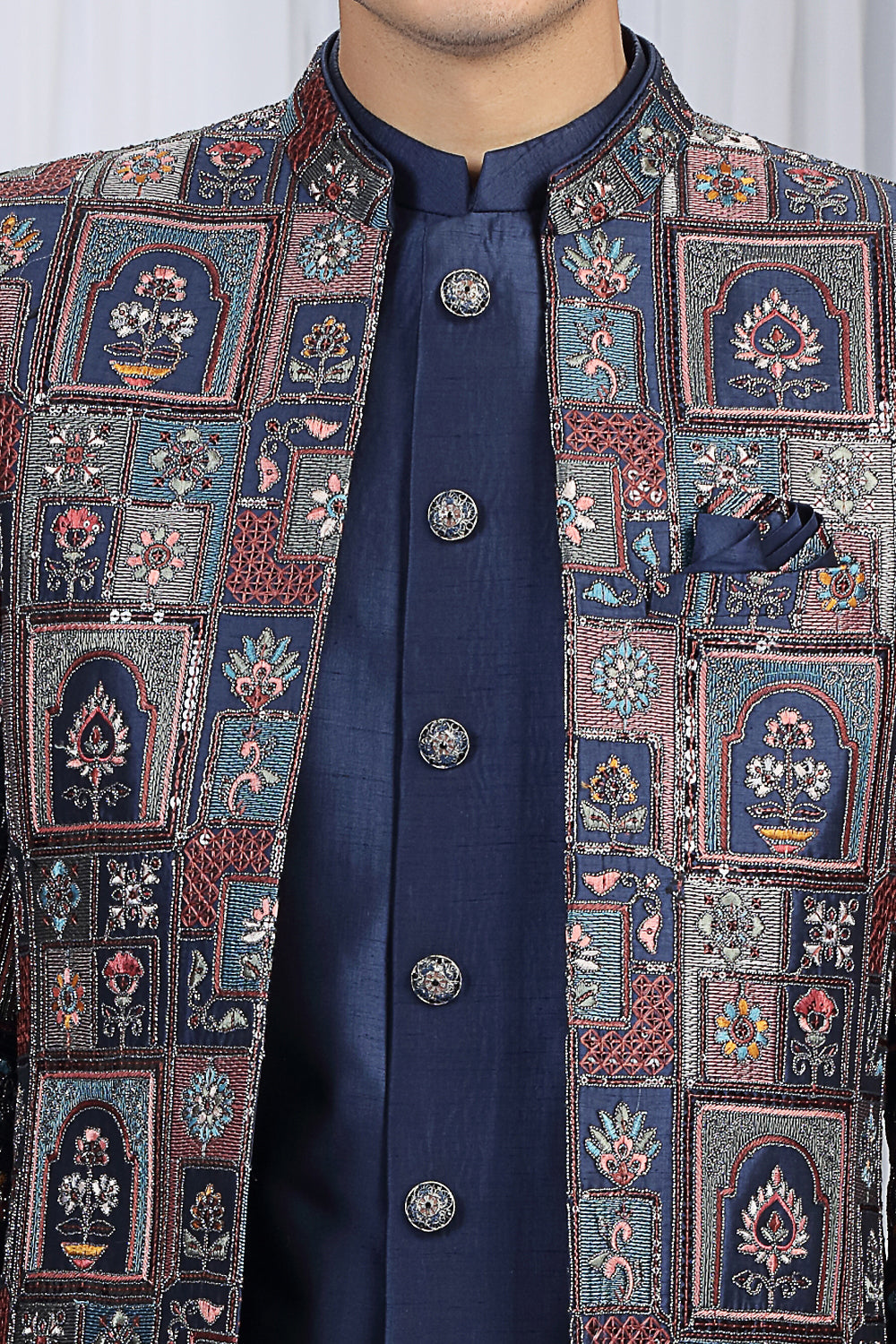 Navy Blue Art Silk Mens Indo Western (NMK-8661) - Nihal Fashions