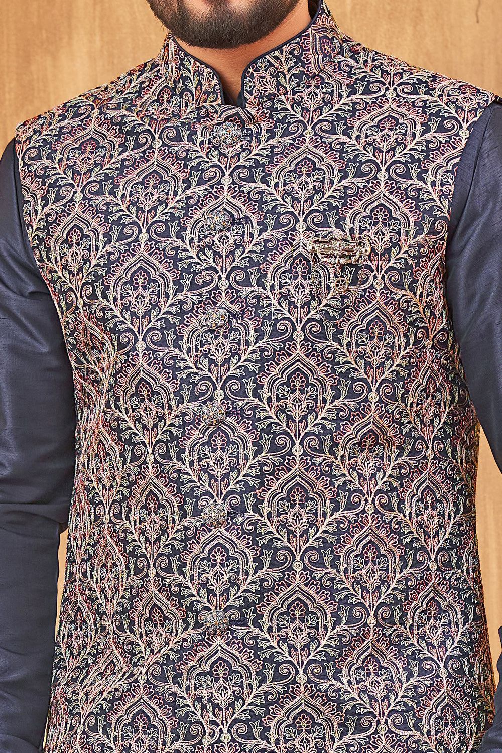 Navy Blue Art Silk Nehru Jacket (NMK-8003) - Nihal Fashions