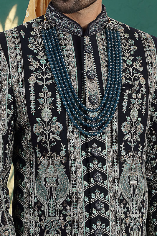 Navy Blue Art Silk Sherwani for Men (NMK-8598) - Nihal Fashions