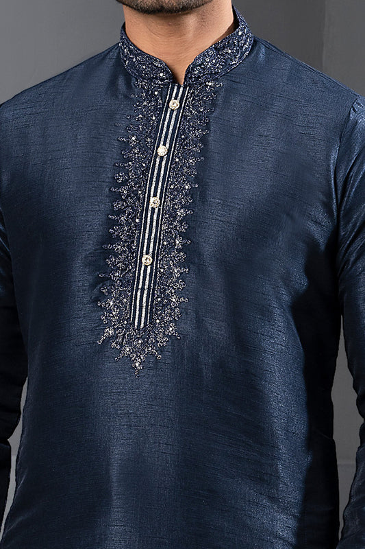 Navy Blue Banglori Silk Kurta Pajama (NMK-8736) - Nihal Fashions