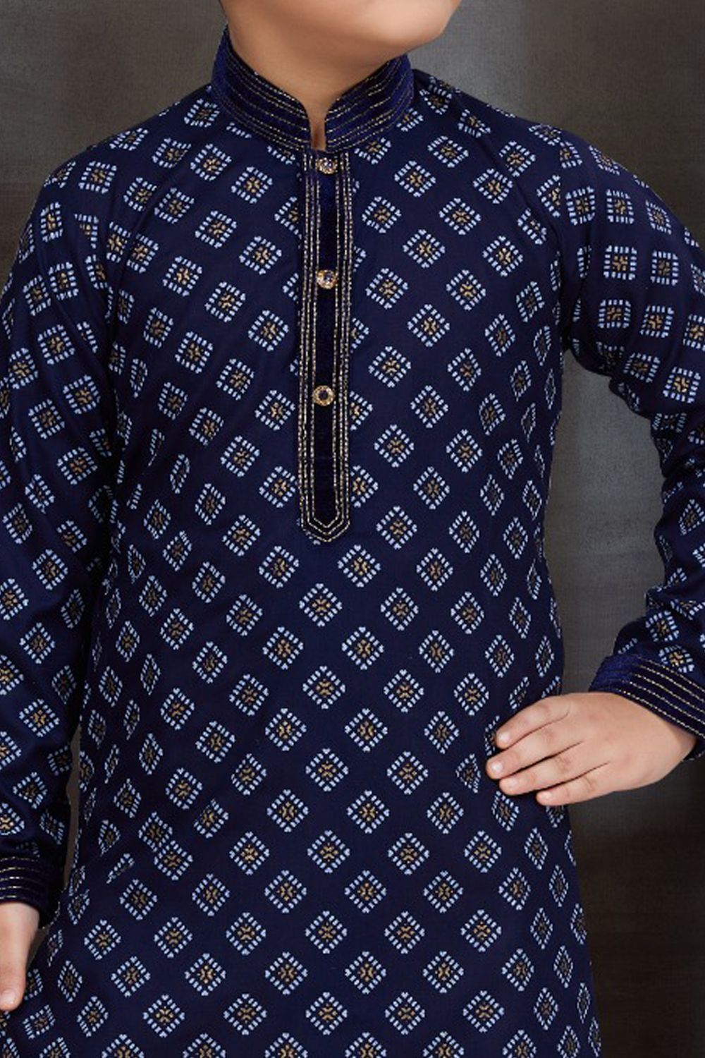 Navy Blue Cotton Printed Boys Kurta Pajama (NKK-784) - Nihal Fashions