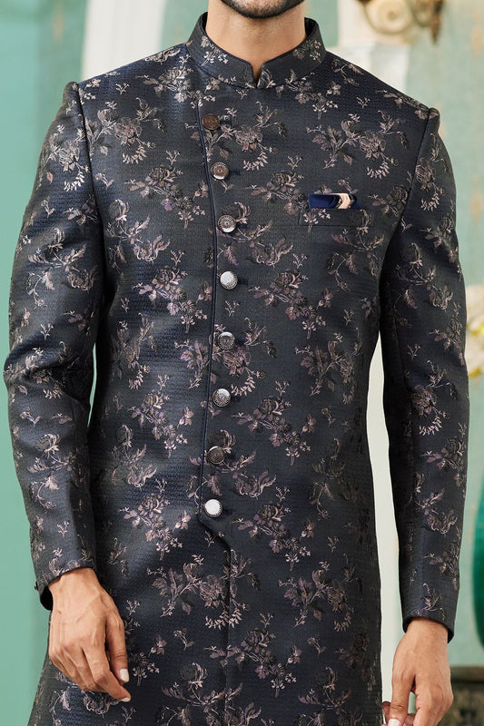 Navy Blue Imported Jaquard Silk Indo Western (NMK-7150) - Nihal Fashions
