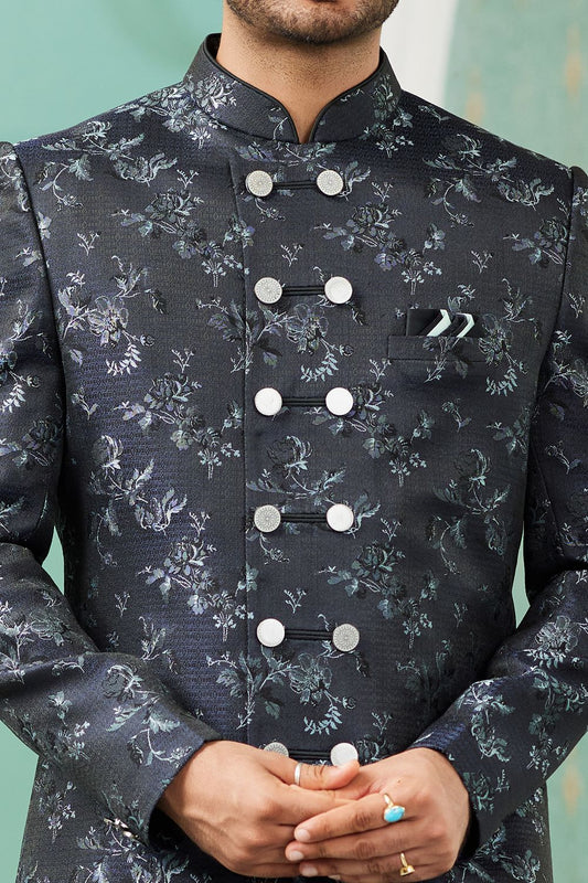 Navy Blue Imported Jaquard Silk Indo Western (NMK-7151) - Nihal Fashions
