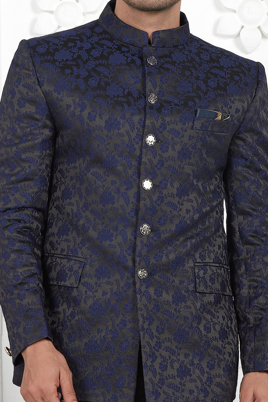 Navy Blue Imported Jaquard Silk Indo Western (NMK-7220) - Nihal Fashions