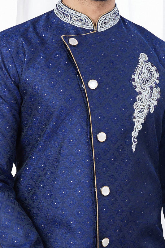Navy Blue Jaquard Indo Western (NMK-7867) - Nihal Fashions