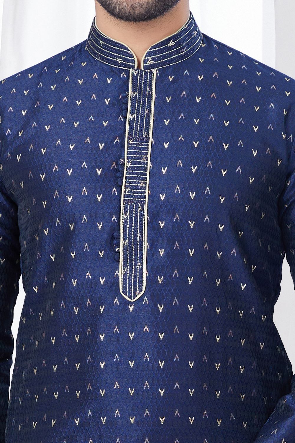 Navy Blue Jaquard Kurta Pajama for Men (NMK-7810) - Nihal Fashions