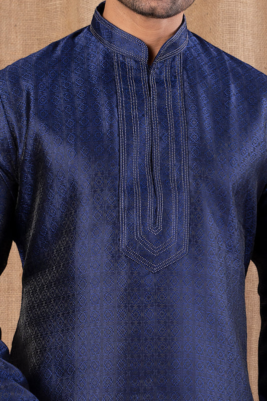 Navy Blue Jaquard Kurta Pajama for Men (NMK-8516) - Nihal Fashions