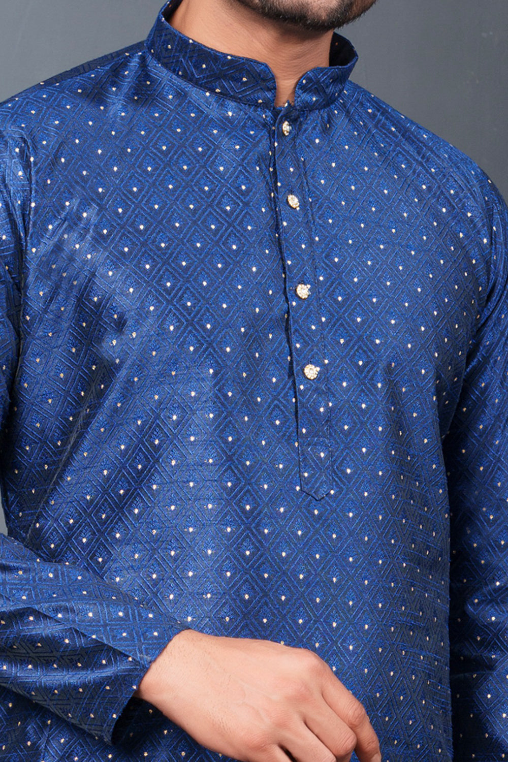 Navy Blue Jaquard Kurta Pajama (NMK-8765) - Nihal Fashions