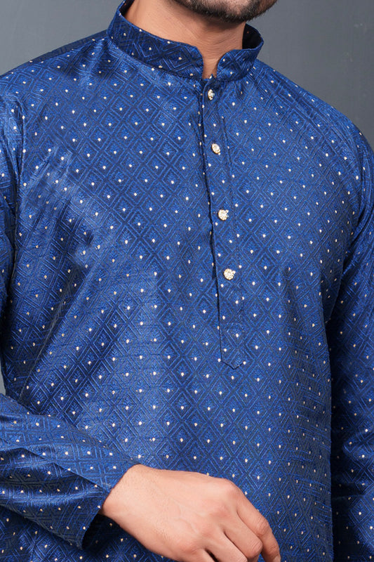 Navy Blue Jaquard Kurta Pajama (NMK-8765) - Nihal Fashions