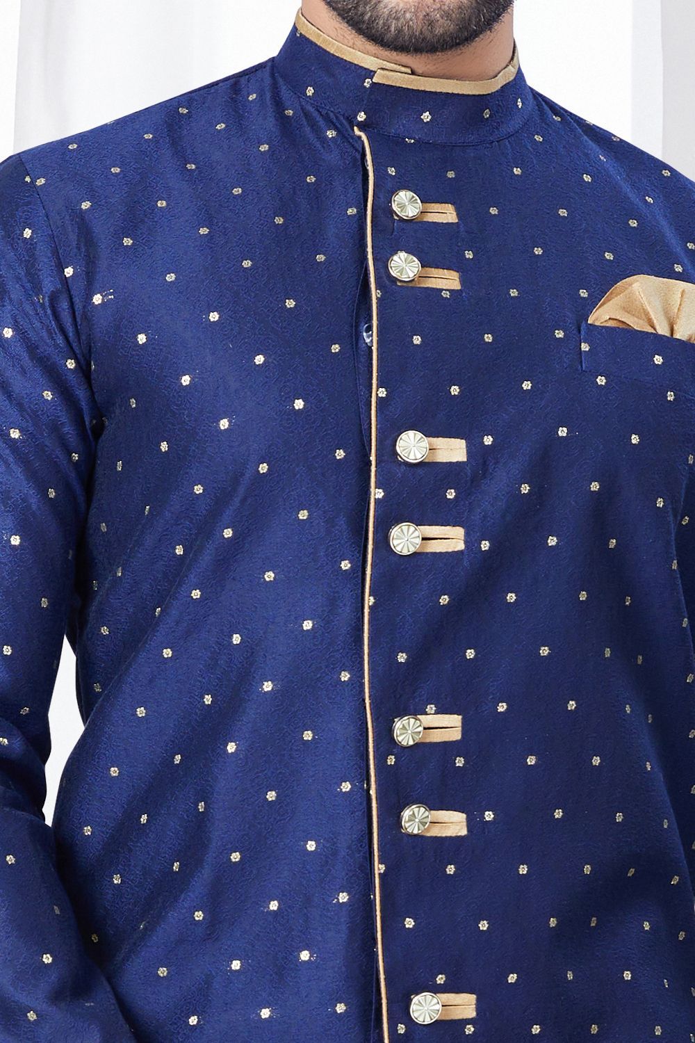 Navy Blue Jaquard Mens Indo Western (NMK-7846) - Nihal Fashions