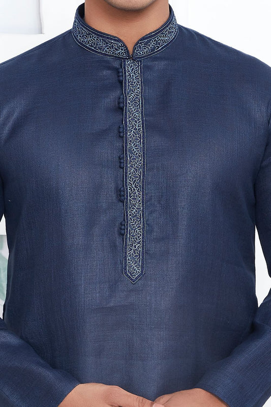 Navy Blue Linen Cotton Kurta Pajama (NMK-7595) - Nihal Fashions