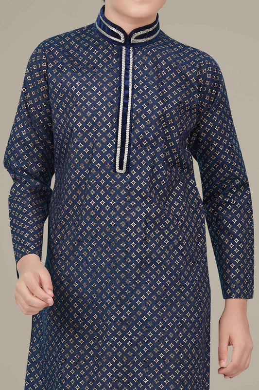 Navy Blue Printed Cotton Silk Kurta for Boys (NKK-692)