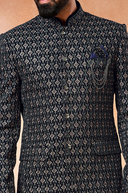 Navy Blue Velvet Bandhgala Jodhpuri (NMK-7224) - Nihal Fashions