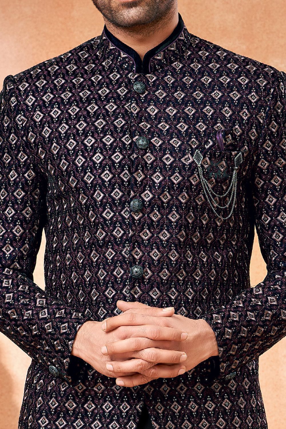 Navy Blue Velvet Bandhgala Jodhpuri (NMK-7225) - Nihal Fashions