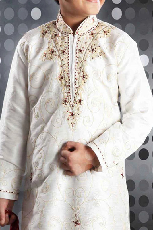 Off White Art Dupion Kids Kurta Pajama (NKK-262)