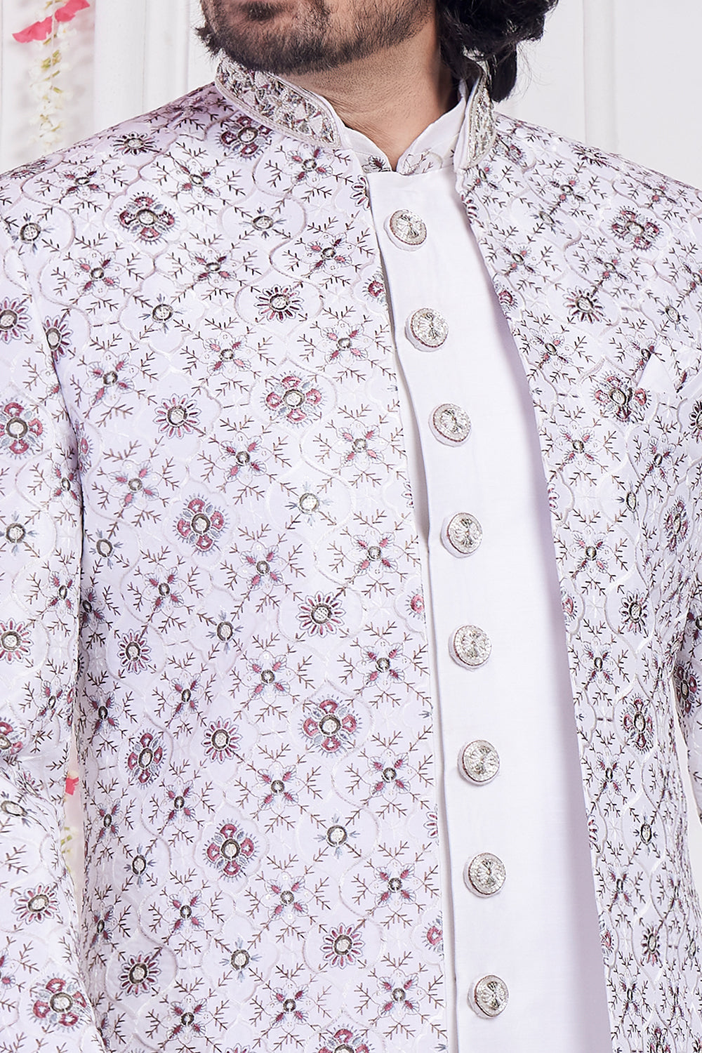 Off White Art Silk 3 piece Jacket Set (NMK-8397) - Nihal Fashions