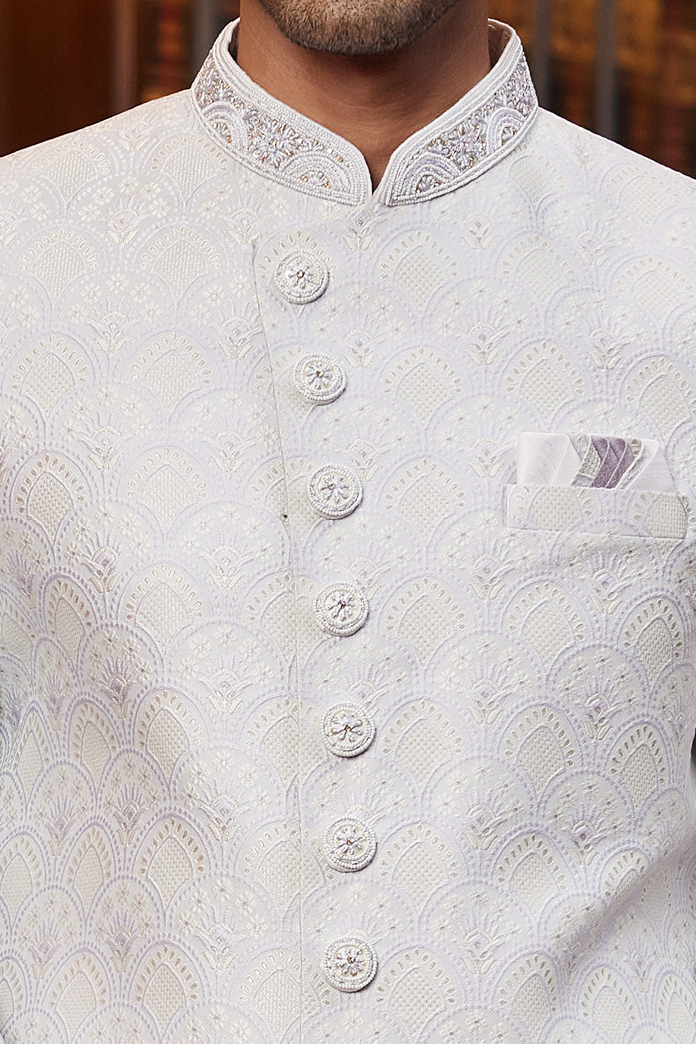Off White Imported Jaquard Silk Indo Western (NMK-8287) - Nihal Fashions