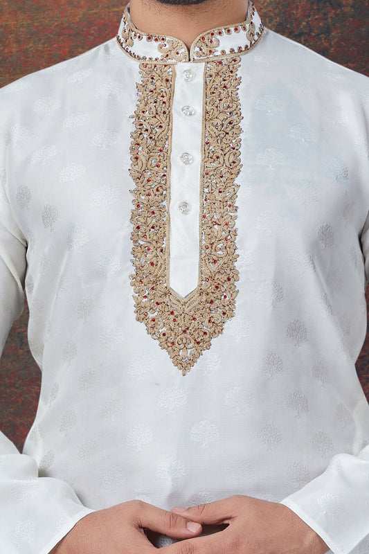 Off White Jaquard Kurta for Men (NMK-7836) - Nihal Fashions