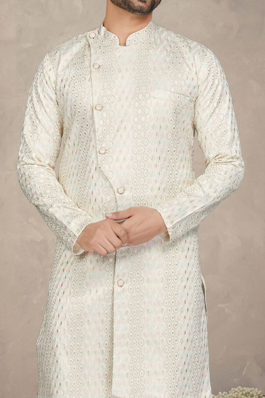 Off White Lucknowi Mens Indo Western (NMK-6967) - Nihal Fashions