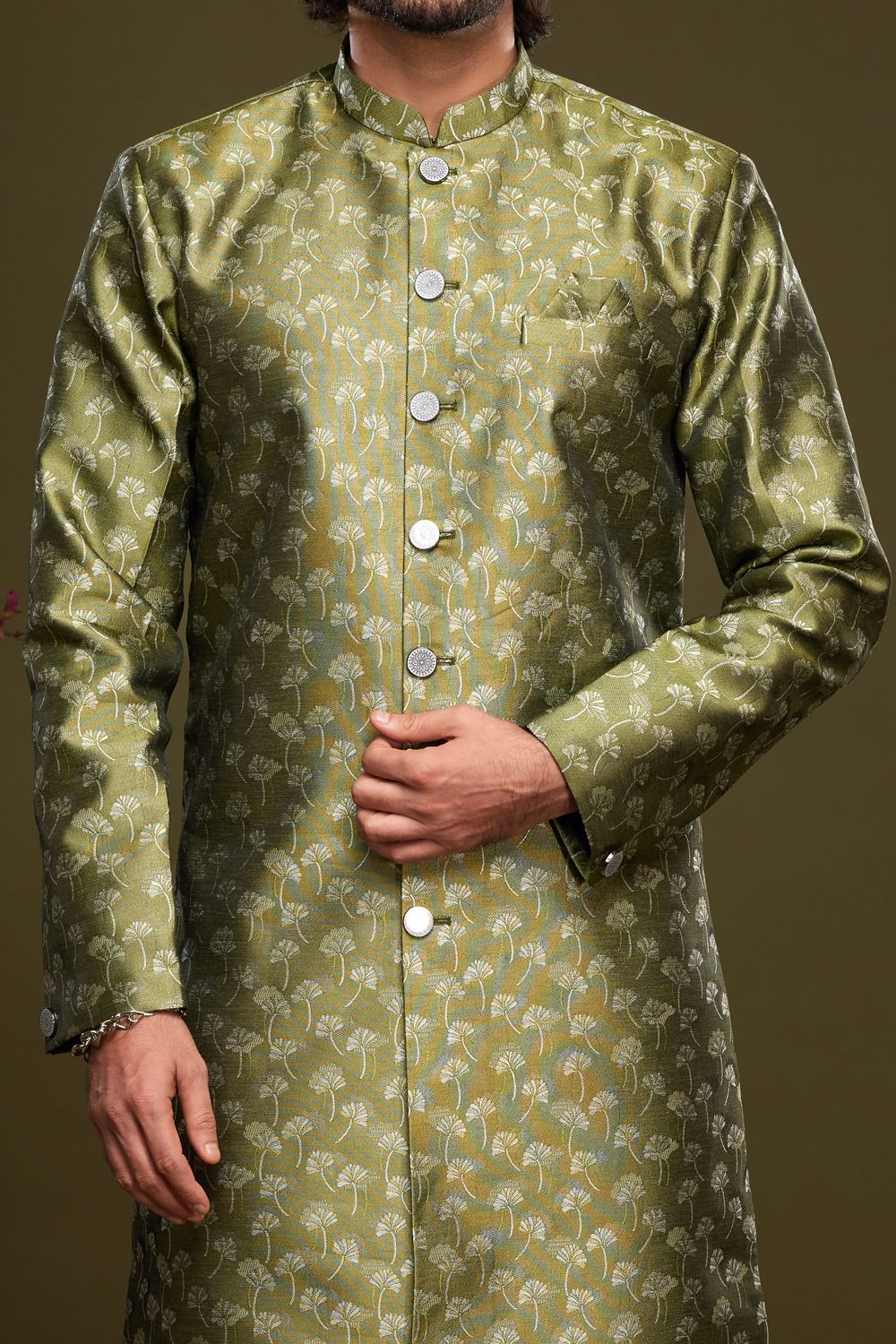 Olive Green Banarasi Jaquard Mens Indo Western (NMK-7004) - Nihal Fashions