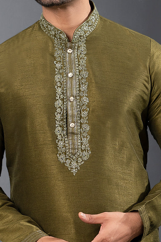 Olive Green Banglori Silk Kurta Pajama (NMK-8730) - Nihal Fashions
