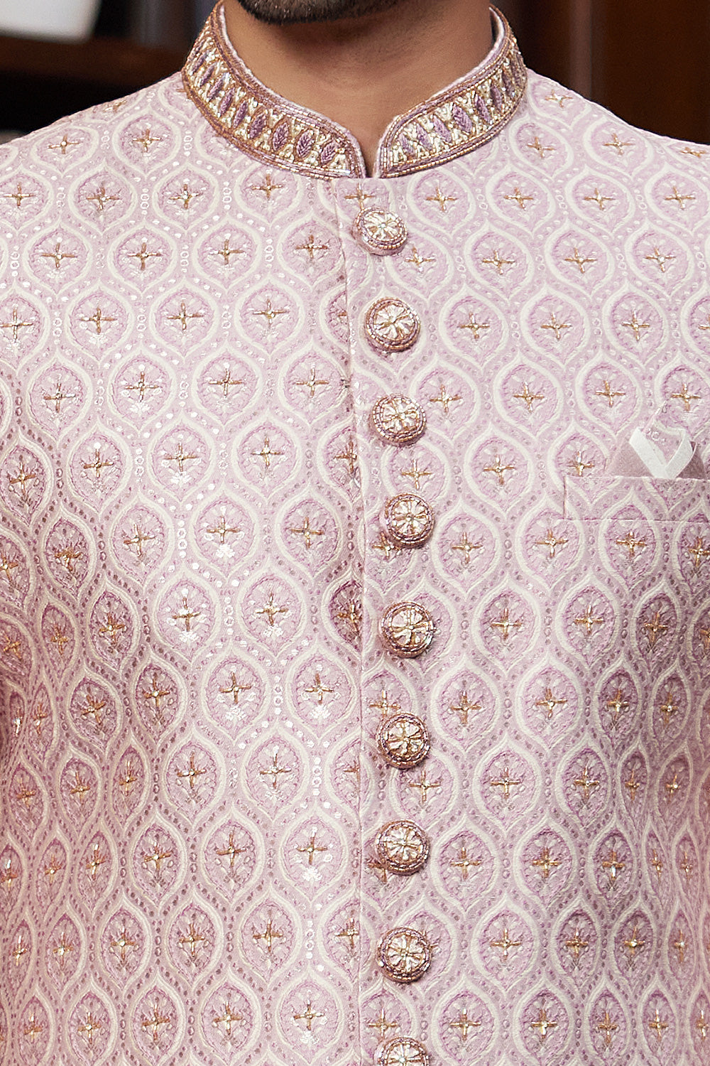 Onion Pink Imported Jaquard Silk Sherwani (NMK-8285) - Nihal Fashions