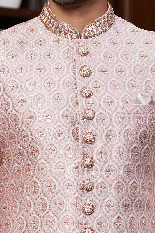 Onion Pink Imported Jaquard Silk Sherwani (NMK-8285) - Nihal Fashions