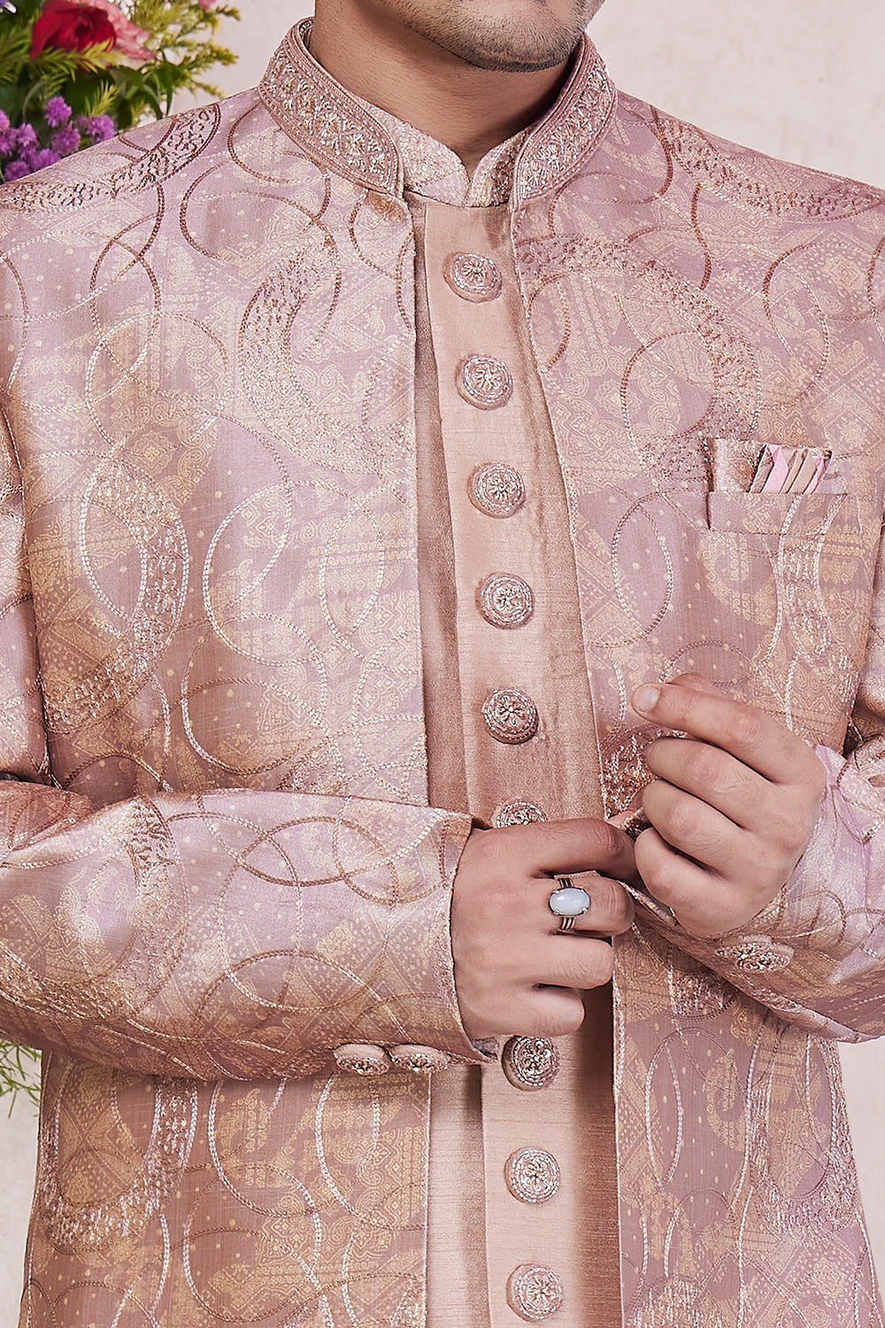 Onion Pink Silk 3 piece Jacket Set (NMK-8414) - Nihal Fashions